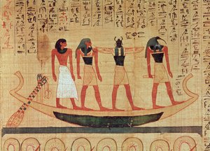 Papiro que representa a un hombre siendo transportado en una barca al más allá por Thoth, Khepri y otro dios